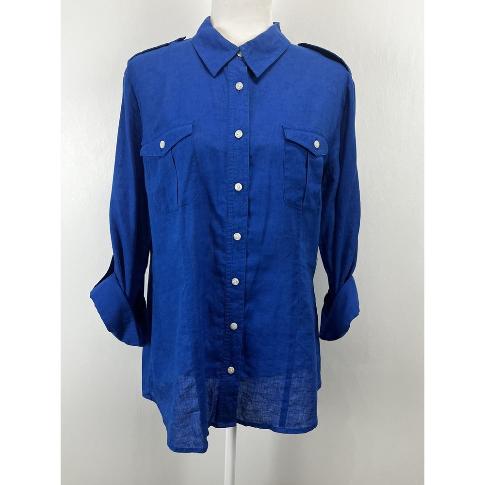 Chicos Linen Blend Button Up Blouse Shirt womens 2 L Blue Epaulettes Coastal